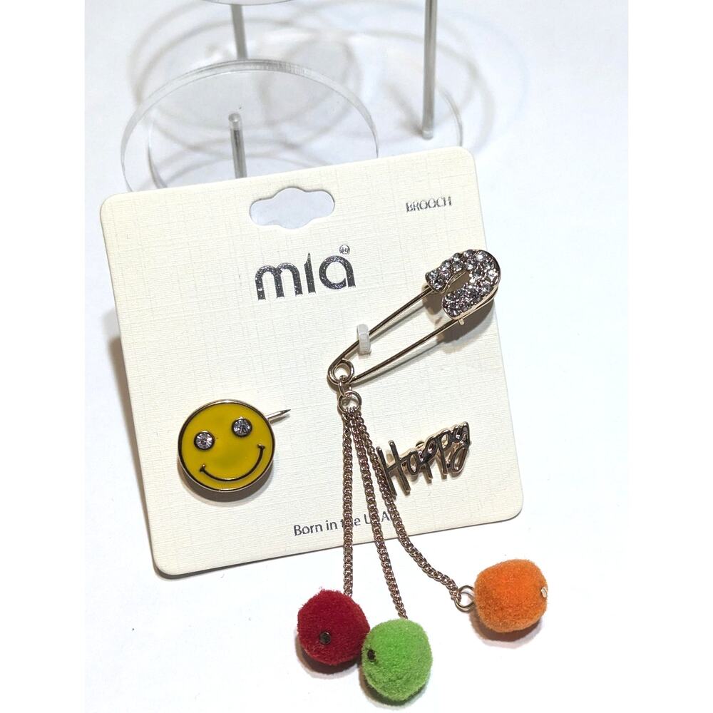 MIA Brooch Set Smiley Face Pin Rhinestone Safety Pin Happy Charm Pom Poms Womens